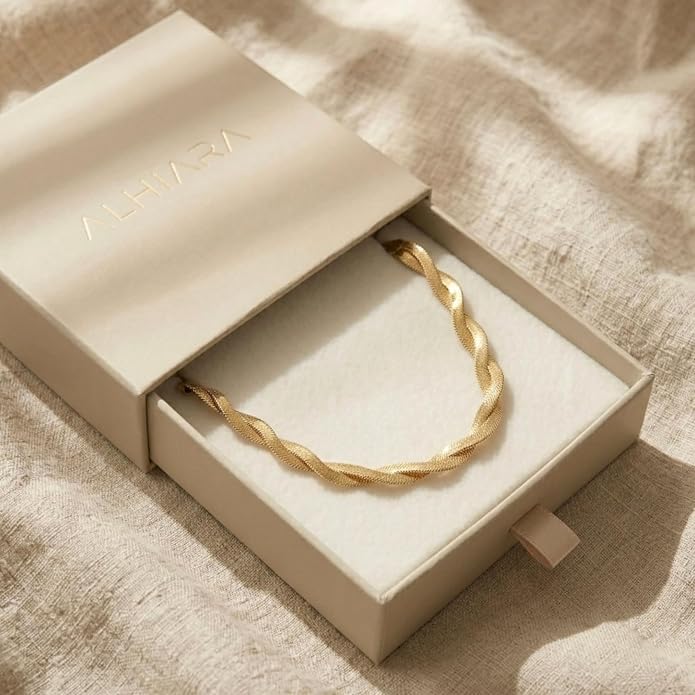Twisted Gold Herringbone Necklace for Women – Waterproof 18K Gold Plated Stainless Steel, Minimalist Adjustable Chain