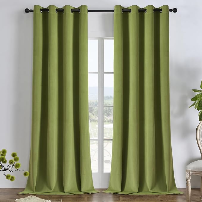 Joydeco 100% Blackout Velvet Curtains Moss Green 90 Inch Grommet Top | Luxury Thermal Insulated Velvet Curtains for Bedroom Living Room, Soundproof Blackout Window Drapes
