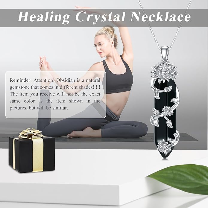 Healing Crystal Necklace 925 Sterling Silver Sunflower/Tree of Life Wrapped Pendant Reiki Energy Jewelry for Women
