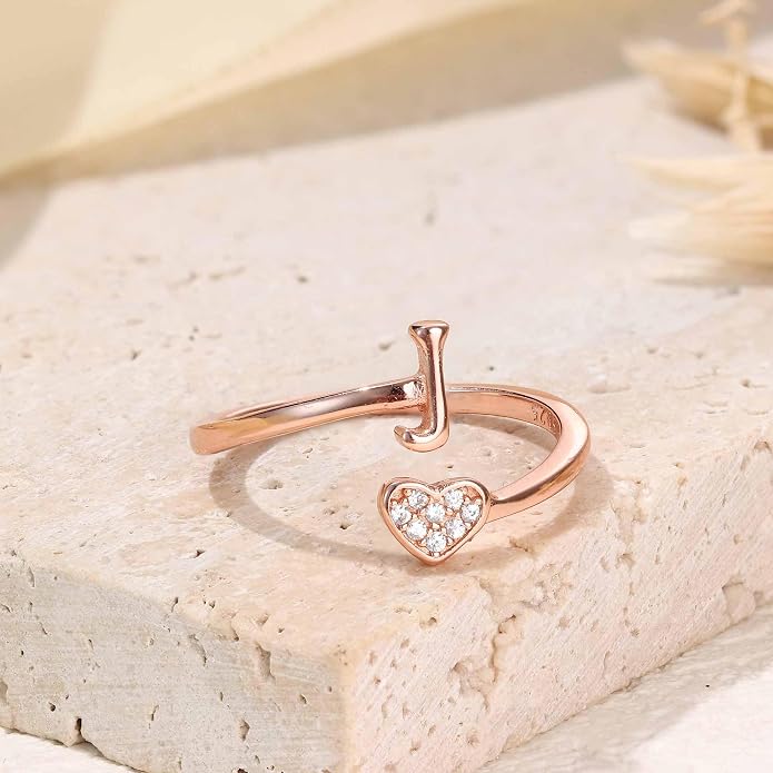 MILACOLATO 925 Sterling Silver Initial Rings for Women Teen Girl 18K Gold Plated Heart Initial Rings Adjustable Capital Letter Ring Stackable Thumb Pinky Rings for Daughter Birthday Bridesmaid Gifts Jewelry, A to Z