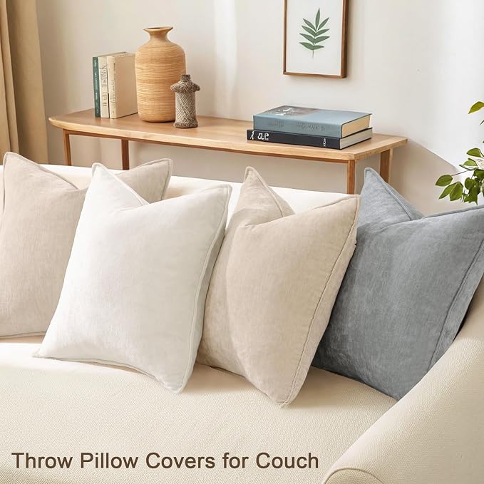 decorUhome Set of 4 Chenille Throw Pillow Covers 18x18(Beige/Cream) | Couch Decorative Soft Neutral Pillow Covers with Elegant Design for Living Room Bed Sofa