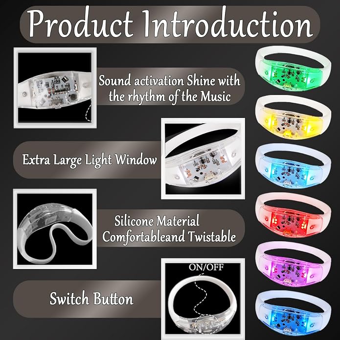 150 Pcs LED Glow Bracelets Sound Activated Light Up Bracelets for Adults Glow in the Dark Party Supplies Birthday Party Favors for Christmas, Halloween, Rave, New Year, Concert
