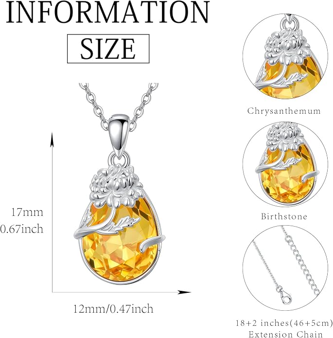 925 Sterling Silver Birth Flower Necklace with Teardrop Shaped Birthstone - 12 Colors, 12 Kinds of Flower - Ideal Birthday Jewelry Gift for Women, Mothers, Daughters & Wives