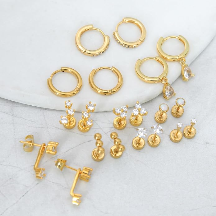 Stainless Steel Stud Earrings Set for Women Hypoallergenic Flat Back Cartilage Earrings Screw Back Huggie Hoop Earrings Multiple Piercing Cubic Zirconia Helix Tragus Jewelry