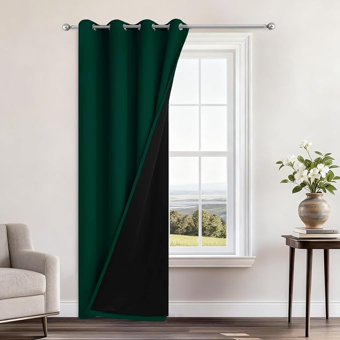 Yakamok Dark Green Blackout Curtains 96" Long for Bedroom 52" Wide 1 Panel | Blackout Curtain Panels for Bedroom, 2 Thick Layers Grommet Top Thermal Insulated Drapes with Black Liner for Living Room