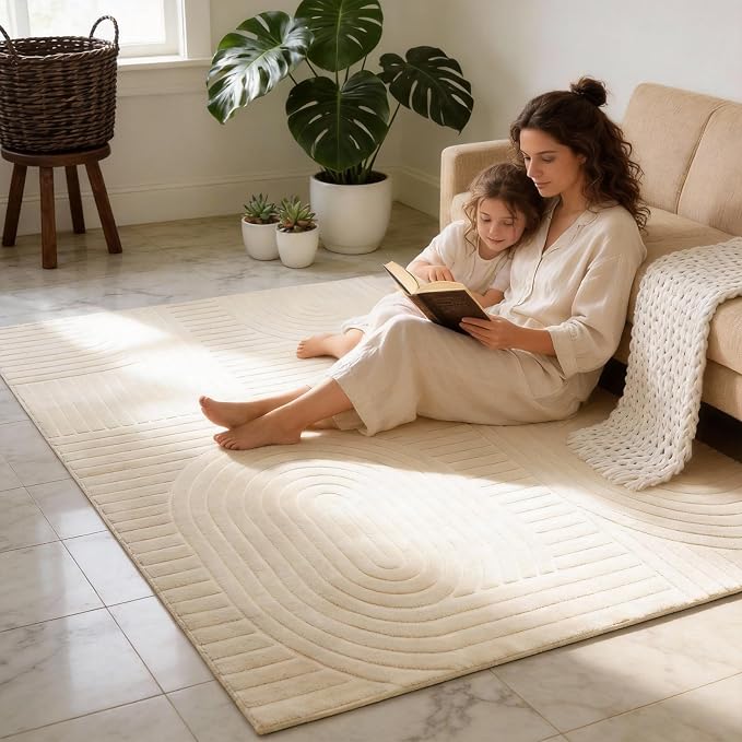 Beige 5x7 Solid Color Area Rug, Washable Rugs for Living Room Bedroom | Ultra Soft Plush Boho High-Low Pile Texture Indoor Carpet, Fluffy, Non-Slip Rugs for Bedside, Kids Room, Nursery, Home Office