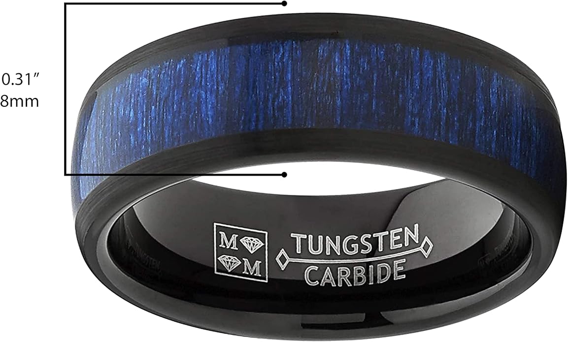Metal Masters Men's Women's Tungsten Carbide Wedding Band Engagement Ring, Real Brown Or Blue Wood Inlay, Comfort Fit 8mm
