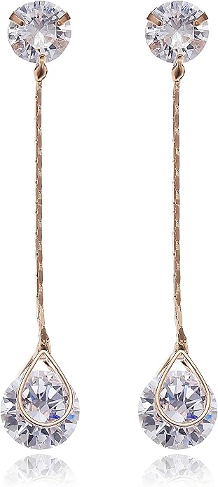 Crystal Linear Drop Earrings - Womens Sterling Silver Round Cubic Zirconia CZ Diamond Rhinestone Long Chain Dangle Earrings Bridal Drop Earrings for Wedding Bride Bridesmaids