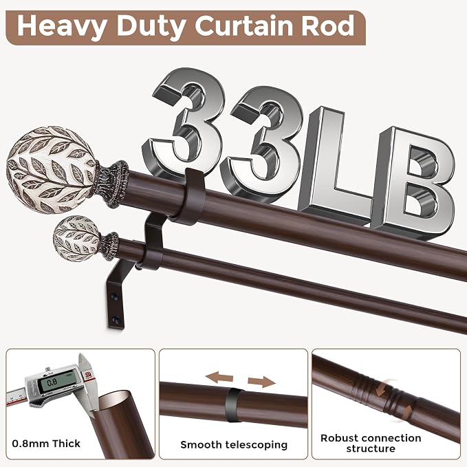Boho Decorative Double Curtain Rod, 36-76 Inch, Walnut Wood | Handmade Wood Grain Leaf Finials, Heavy Duty Adjustable Rustic Metal Dual Layer Curtain Rods, 40 lb Capacity, Easy to Install