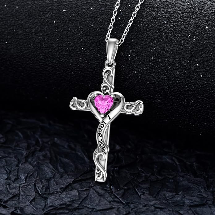 TOUPOP Cross Birthstone Necklace for Women 925 Sterling Silver Heart Cross Pendant I Love You Jewelry Anniversary Birthday Mothers Day Gifts for Mom Wife Her