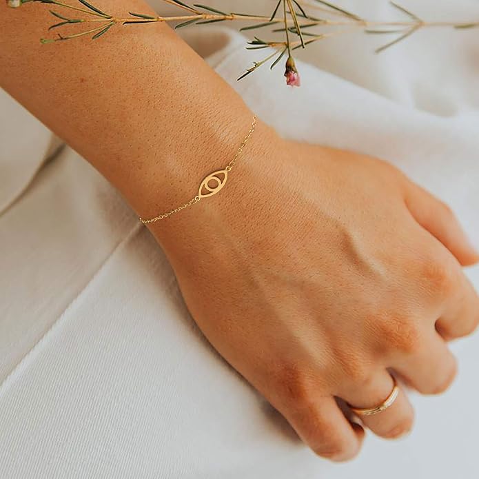 MTMY Evil Eye Bracelet for Women 14K Gold Plated Dainty Bracelets with Crystcal Adjustable Chain Cute Eye Bracelet Gold Jewelry for Her