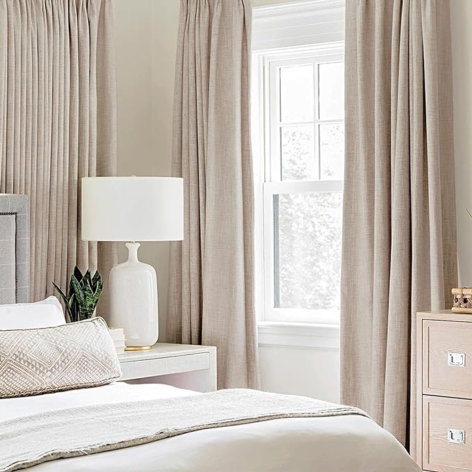 MIULEE 100% Blackout Linen Textured Curtains for Bedroom 100 Inches Extra Long Thermal Insulated Natural Beige Grommet Room Darkening Curtains & Drapes Luxury for Living Room (2 Panels)