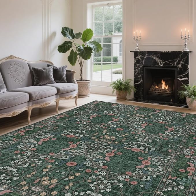 Vintage Green Living Room Rug, 5x7 Washable Area Rugs for Dining Room Under Table, Soft Low Pile Large Carpet Bedroom, Non-Slip Boho Floral (5 x 7 Green)