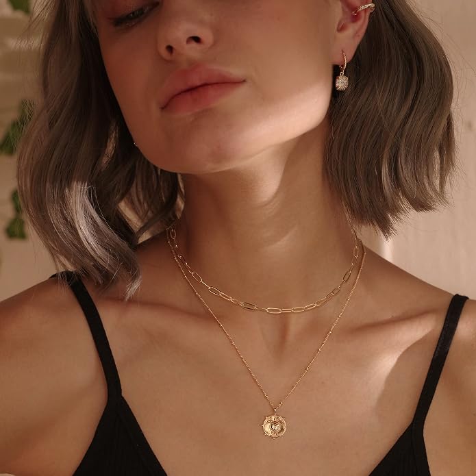 MEVECCO Layered Heart Necklace Pendant Handmade 18k Gold Plated Dainty Gold Choker Arrow Bar Layering Long Necklace for Women