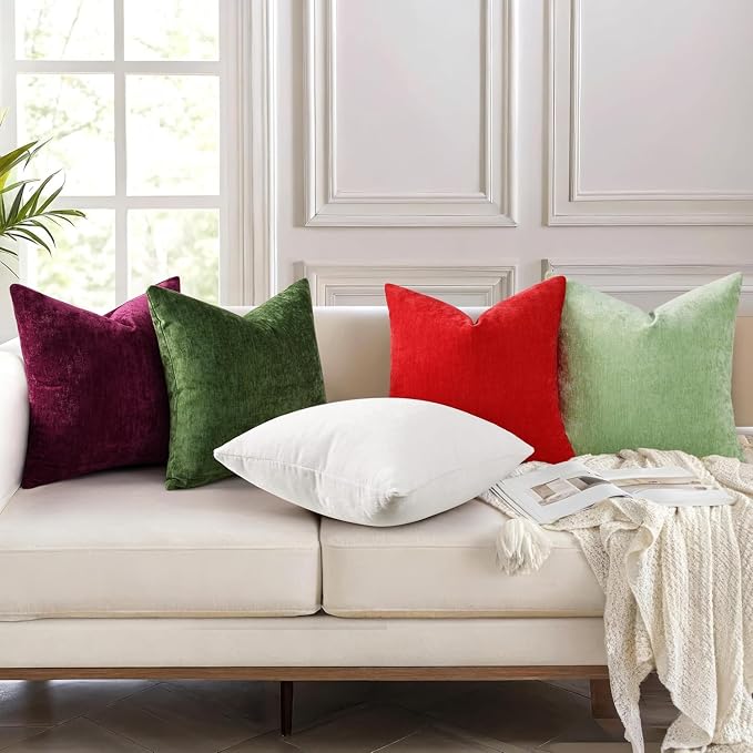 decorUhome Soft Chenille Moss Green Throw Pillow Covers 20X20 Set of 2 | Decorative Fall Couch Pillow Covers Solid Dyed Accent Modern Farmhouse Neutral Square Pillow Cases for Sofa