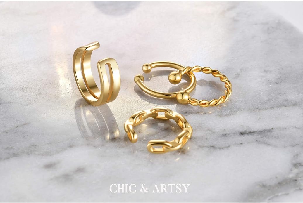 CHIC & ARTSY 925 Sterling Silver Ear Cuffs for Women, Non Piercing Clip On Cartilage Cuffs, Adjustable Fake Conch & Helix Earrings, Gold Plated & Oxidized Various Styles