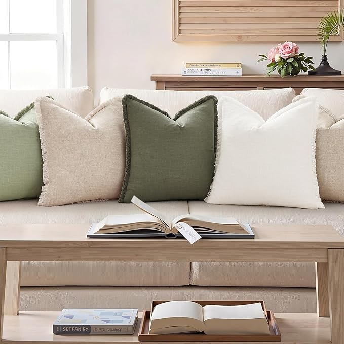 decorUhome Linen Fringe Cream White Throw Pillow Covers 20x20 Set of 2 | Decorative Soft Accent Modern Boho Farmhouse Cushion Covers with Tassels Cotton Pillow Covers for Couch Bed Sofa