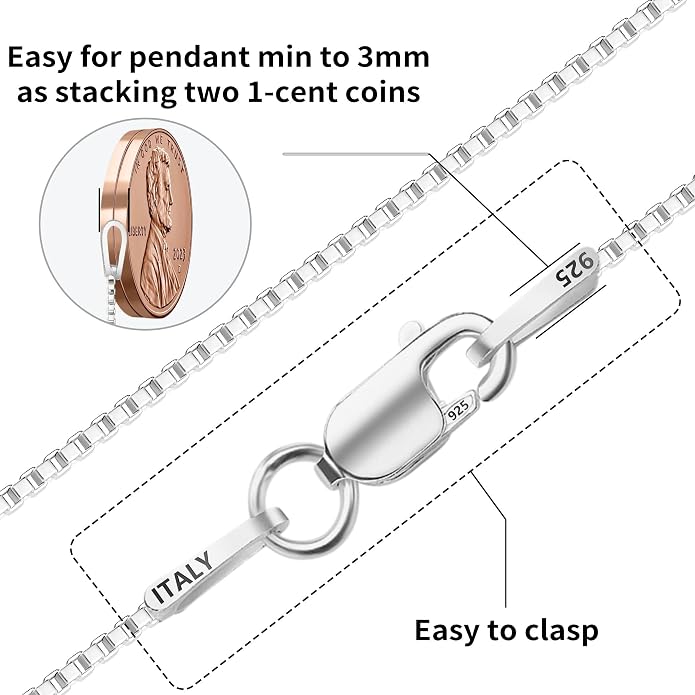 ASHINE "Pendant Ready Sterling Silver Box Chain Necklace for Women, 1mm 0.8mm Dainty & Sturdy 925 Silver Necklace Available in 16-36 Inch