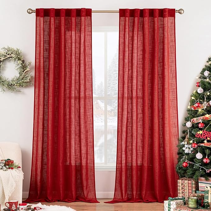 MIULEE Red Linen Curtains 108 Inches Long for Bedroom Living Room, Soft Thick Linen Textured Window Drapes Semi Sheer Light Filtering Back Tab Rod Pocket Burlap Look Christmas Decor, 2 Panels