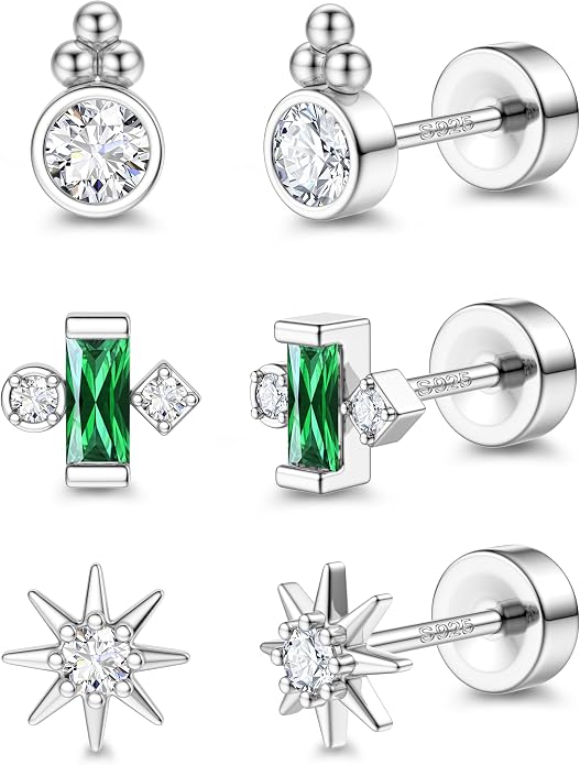 ORAZIO 925 Sterling Silver Flat Back Stud Earrings for Women Hypoallergenic 14K Gold Plated Cartilage Earrings for Sensitive Ears Small CZ Opal Conch Helix Tragus Piercing Jewelry 3 Pairs 20G