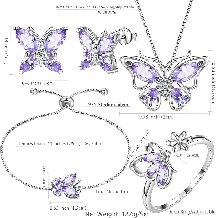 Aurora Tears Butterfly Jewelry,Women 925 Sterling Silver Butterflies Birthstone Pendant Necklace/Earrings/Rings Wedding Gift