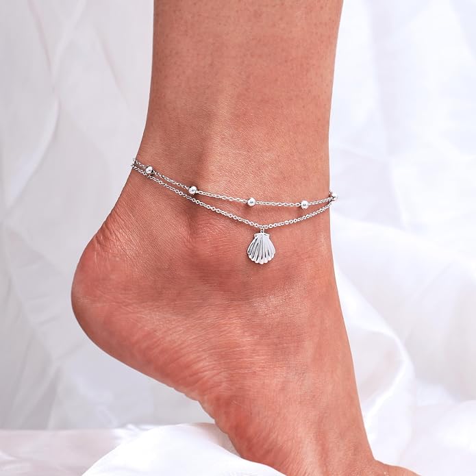 CHIC & ARTSY 925 Sterling Silver Ankle Bracelets for Women, Adjustable Layered Foot Chains with Nature & Symbol Charms, Lightweight Comfort Fit Boho Beach Everyday Jewelry