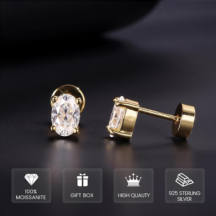 GEMQUEEN Moissanite Earrings Studs Flat Back Earrings Hypoallergenic - 14K Gold Plated Sterling Silver Earring for Women Men Small Dainty Cartilage Helix Piercing Jewelry D Color VVS1