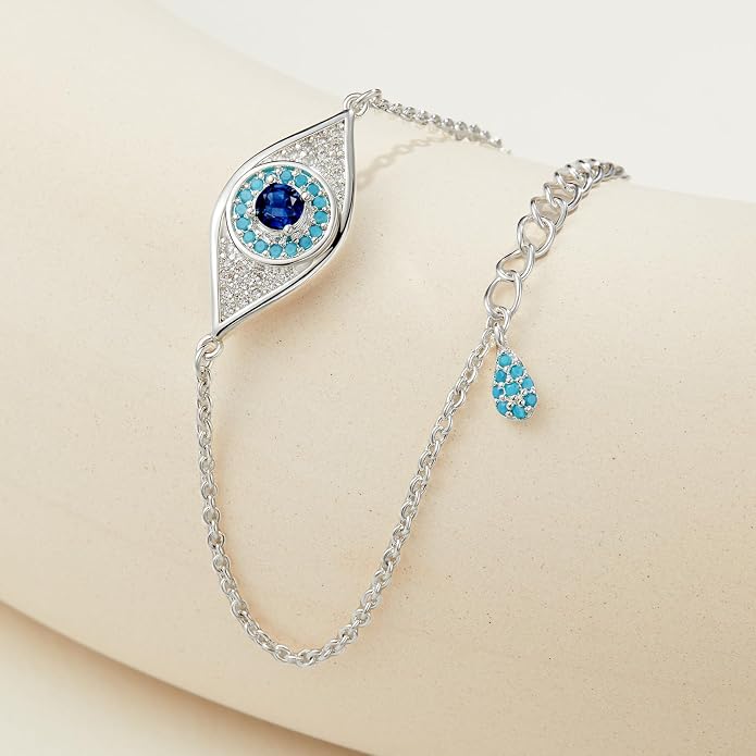 Cicy Bell Evil Eye Bracelets 18k Gold Plated Turquoise Zirconia Link Bracelets Trendy Jewelry Gift for Women Adjustable 5.9" with 1.9'' Extender