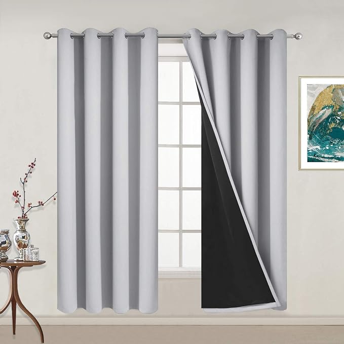 Yakamok Light Grey 100% Blackout Curtains 63 Inches Long 52" Wide 2 Panel | Blackout Curtain Panels for Bedroom, 2 Thick Layers Grommet Top Thermal Insulated Drapes with Black Liner for Living Room