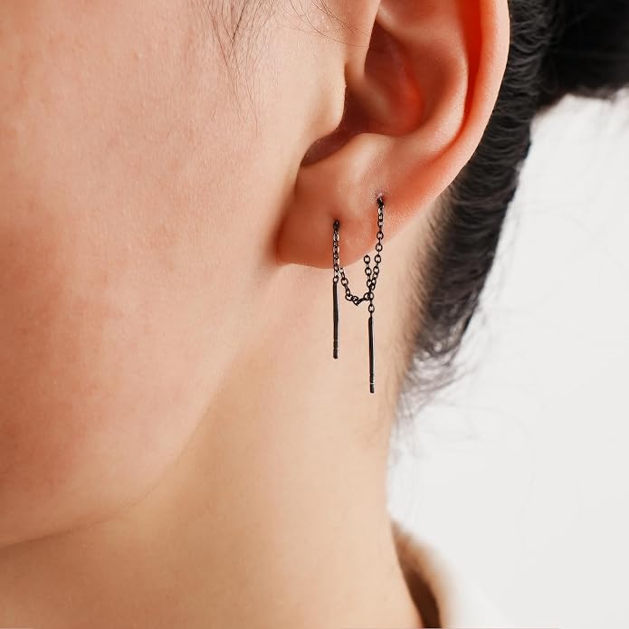 3 Pairs Threader Earrings 925 Sterling Silver Long Chain Earrings Bar/Ball Wrap Threader Drop Earrings for Women Lightweight Minimalist Mother's Day Jewelry Set