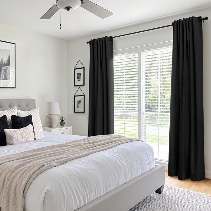 INOVADAY 100% Blackout Curtains 90 Inches Length 2 Panels Set, Back Tab/Rod Pocket Linen Black Out Curtains for Bedroom, Thermal Insulated Window Drapes - Black, W50 X L90
