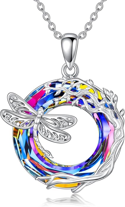 Dragonfly Necklace 925 Sterling Silver Dragonfly/Sunflower Bee Pendant Necklace Dragonfly with Blue Circle Crystal Dragonfly Jewelry Gifts as Holiday Christmas Gifts for Women