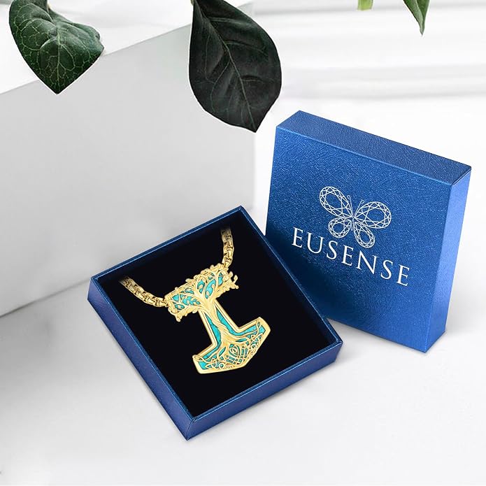 Eusense Viking Jewelry for Men Women Sterling Silver 925 Mjolnir Thors Hammer Pendant Celtic Cross Necklace Wolf Odin Raven Freya Goddess Norse Pagan Compass Vegvisir Yggdrasil Nordic Viking Necklaces Gifts