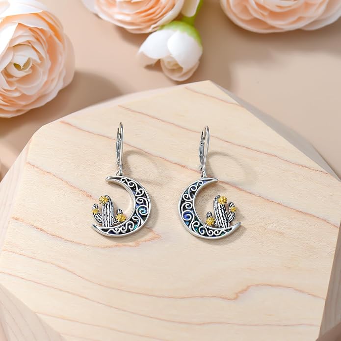 Cactus Earrings 925 Sterling Silver Abalone Shell Cactus Dangle Leverback Earrings Cactus Jewelry Gifts for Women