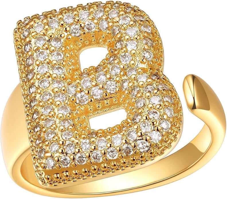 FindChic Initial Ring for Women, Gold Plated Chunky Letter Rings Open Adjustable Trendy Sparkling Cubic Zirconia Personalized Statement Rings Jewelry Gift