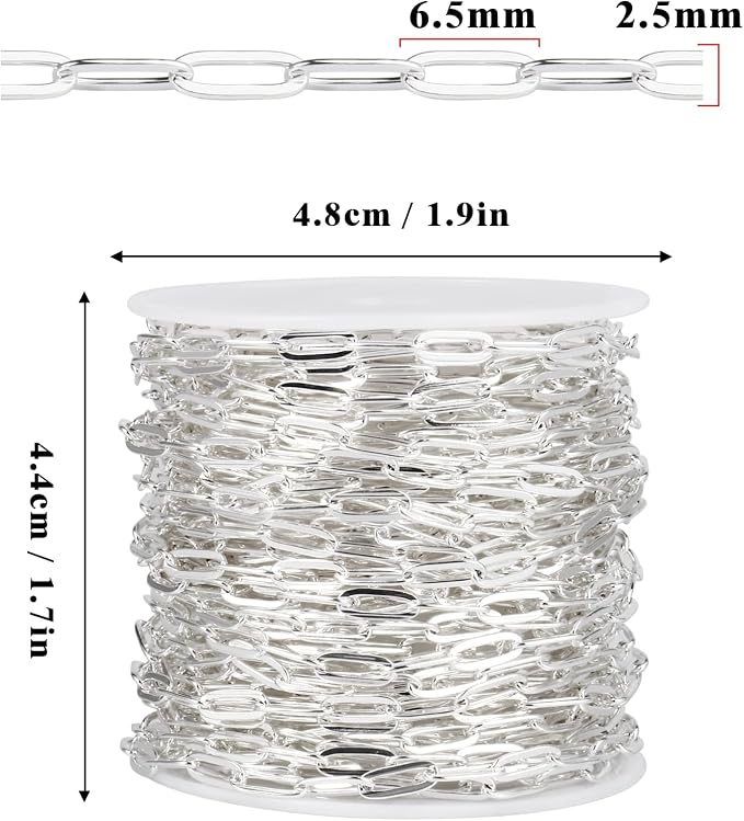 [33 Ft] Stainless Steel Paperclip Chains Roll, 2.5mm Width Silver Plated Stainless Steel Oval Link Chains Spool Bulk for Jewelry Making