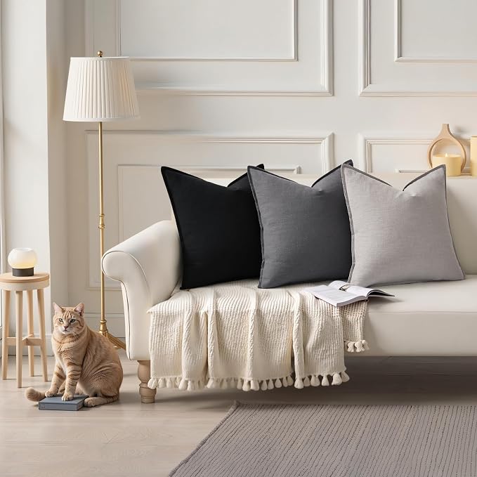 decorUhome Fall Light Grey Linen Throw Pillow Covers 16x16 Set of 2 | Decorative Soft Cozy Modern Farmhouse Boho Accent Pillow Cases with Flange Edges for Couch Bed Sofa Living Room Home Decor