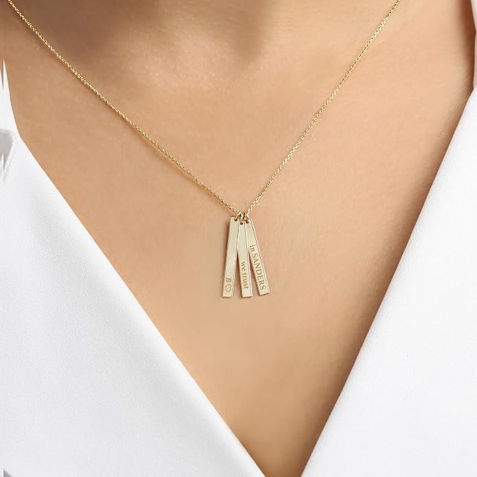 JEWEE DIAMOND Personalized 14k Gold Vertical Name Bar Necklace - Custom Engrave Pendant Gift | Dainty 2cm 3cm 4cm Bar, Handwriting, Coordinates, Baby Name Necklace