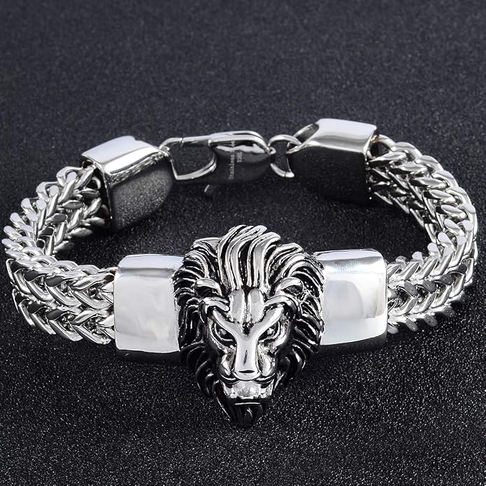 Mens Bracelet Stainless Steel Heavy 12mm Double Franco Chain Lion Head Bracelet Jewelry Men Biker…