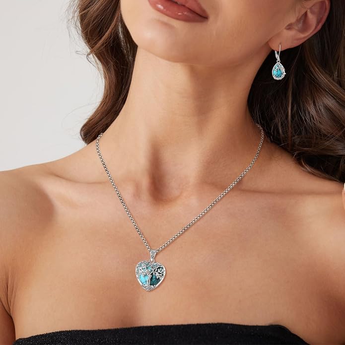 EUDORA Tree of Life Necklace with Moonstone Amethyst Obsidian Turquoise Healing Crystal for Women, Silver Plated Copper Mother Tree of Life Pendant Amulet Energy Jewelry, Gift for Women Mom, 20"+2"