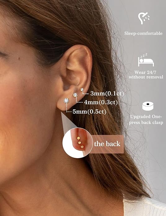 3 Pairs Moissanite Flatback Stud Earrings for Women, 925 Sterling Silver Hypoallergenic Flat Back Cartilage Earrings Set, 18K White Gold Plated