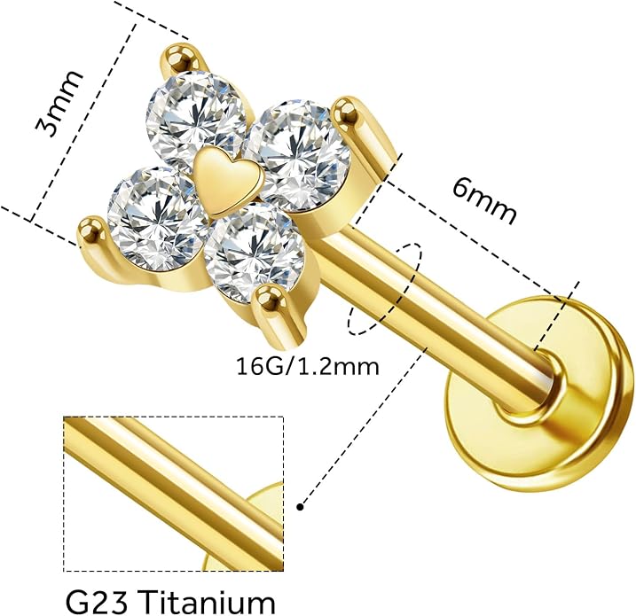 14K Yellow/White/Rose Gold Cartilage Earring Top Push in 1 Pcs Threadless Flower Flat Back Stud Nose Stud Lip Ring 16G Helix Tragus Piercing Jewelry for Women 6mm 8mm