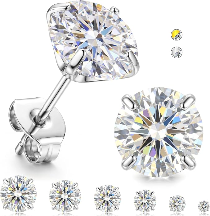 GEMQUEEN 6 Pairs 2-7mm Moissanite Earrings Studs 14K Gold Plated Stainless Steel Flat Back Earring for Women Men - Hypoallergenic Cartilage Helix Piercing Jewelry Brilliant Round Cut D Color VVS1 5.97CT
