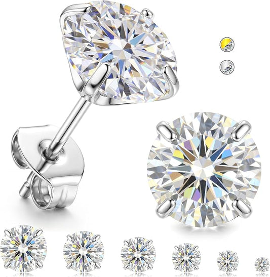 GEMQUEEN 6 Pairs 2-7mm Moissanite Earrings Studs 14K Gold Plated Stainless Steel Flat Back Earring for Women Men - Hypoallergenic Cartilage Helix Piercing Jewelry Brilliant Round Cut D Color VVS1 5.97CT