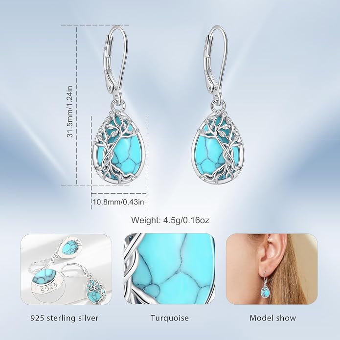 Vito 925 Sterling Silver Teardrop Earrings for Women, Moonstone Turquoise Drop Dangle Earrings Cat Snake Turtle Tree of Life Leverback Earrings Boho Jewelry Gift for Mom Wife