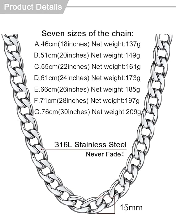 U7 Cuban Link Chain for Men Women Stainless Steel Curb Necklace, 7/9/12/15 MM Chunky Chain Silver/Gold/Black Mens Hip Hop Jewelry 18''-30''