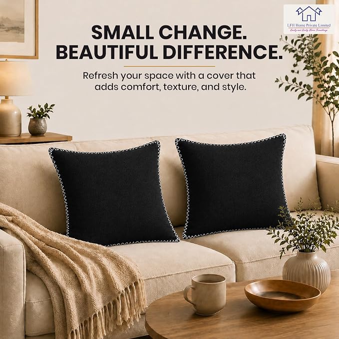 LFH Home Black Cotton Rich Throw Pillow Covers 18x18 Set of 4, Decorative Cushion Covers with Blanket Stitch Edge, Farmhouse Accent Pillow Cases for Sofa Couch Bed Living Room, 18 x 18 Inch