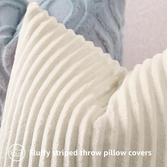 decorUhome Flannel Cream White Throw Pillow Covers 18x18 Set of 4 | Decorative Fall Soft Fluffy Striped Double-Sided Couch Pillow Covers, Modern Farmhouse Pillow Cases for Sofa bed Home Decor