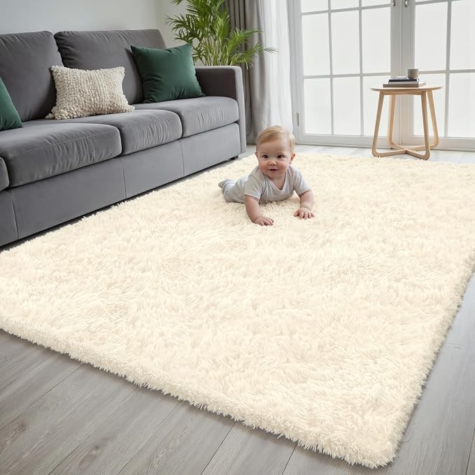 5x7 Area Rug for Living Room, Ultra Soft Fluffy Shag Rugs for Bedroom, Non-Slip Large Fuzzy Plush Rug Indoor Floor Carpet for Nursery Kids Office Dorm Modern Decor, Cream White