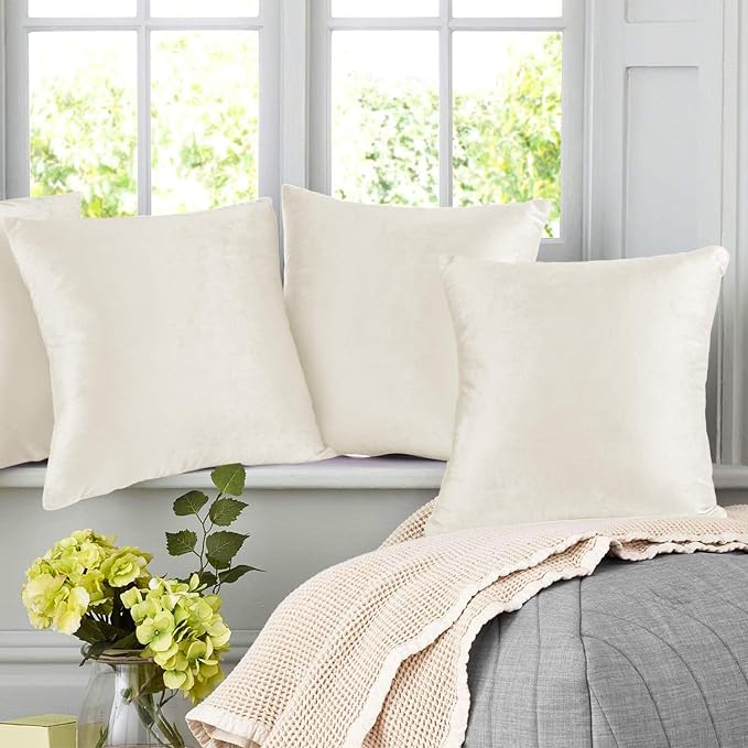 Nestl Throw Pillow Covers, Cozy Velvet Decorative Off White Pillow Covers 18 x 18 Inches, Soft Solid Couch Pillow Covers for Sofa, Bed and Car, Set of 2
